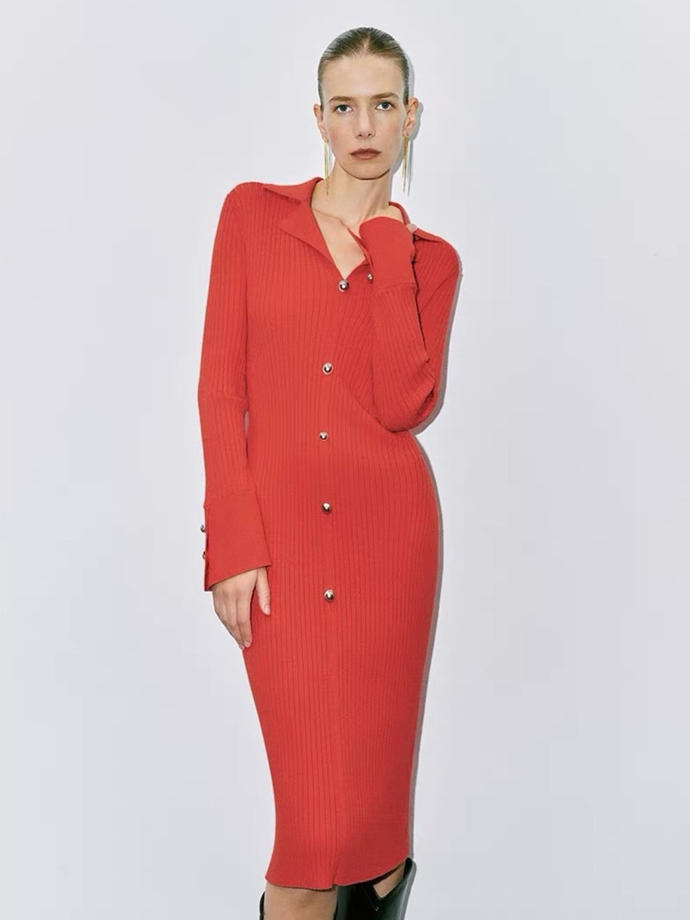 Urban Revivo Red Ribbed Knit Midi Dress